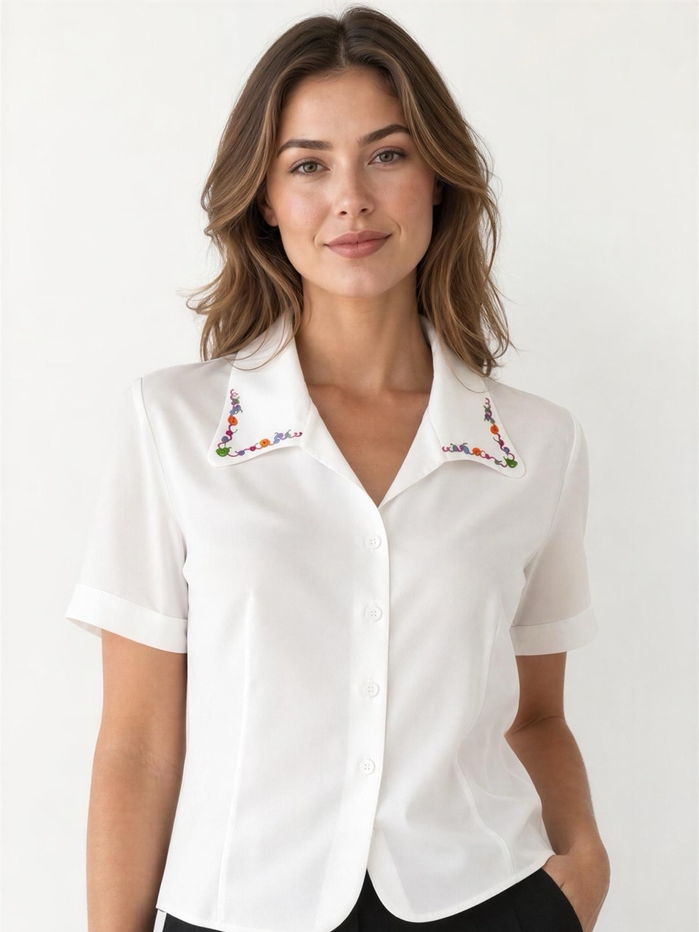 Leslie Fay White Button-Front Top with Multicolor Embroidered Collar